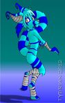  crux cyan_fur cyan_hair digitigrade looking_at_viewer markings on_one_leg paws standing tydrian wrapped wraps zhozie 