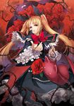  bat blazblue blonde_hair bow dress flower frills gothic_lolita hair_ribbon lolita_fashion long_hair looking_at_viewer pointy_ears rachel_alucard red_bow red_eyes red_flower red_rose ribbon rose solo tsurukame twintails umbrella 