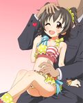  1girl akagi_miria arm_support bikini black_hair blush brown_eyes formal frilled_bikini frills idolmaster idolmaster_cinderella_girls navel one_eye_closed pikapikapop producer_(idolmaster) short_hair sitting sitting_on_person striped striped_bikini striped_swimsuit suit swimsuit twintails tyke 