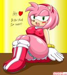  amy_rose blush boots breasts cleavage clothed clothing dialog female green_eyes hair hedgehog mammal navel nobody147 open_mouth panties pink_hair pink_skin sega shirt short_hair solo sonic_(series) text underwear 