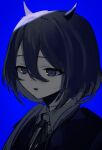  1girl black_eyes black_hair black_jacket blue_background collared_shirt end_(9b003f) hair_between_eyes hair_over_shoulder highres horns indie_virtual_youtuber jacket long_hair looking_at_viewer low_twintails neck_ribbon pale_skin portrait ribbon ringed_eyes shirt simple_background solo stitched_neck stitches twintails virtual_youtuber yamata_ia 