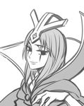  emilia_leblanc greyscale hooreng league_of_legends looking_at_viewer monochrome simple_background smile solo white_background 