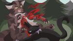 ambiguous_gender attack black_body black_fur blood bloowolfy bodily_fluids brown_body brown_fur collar detailed_background domestic_cat duo evergreen_tree felid feline felis feral fur gore grass hi_res imminent_death mammal pine_tree plant purple_collar scourge_(warriors) tigerstar_(the_prophecies_begin) tree warriors_(book_series)