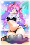  +_+ 1girl absurdres ahoge arm_belt art111 bare_shoulders beach belt bikini black_bikini black_bra black_ribbon black_sandals black_thighhighs blue_eyes blue_sky blush bra bra_over_clothes breasts closed_mouth cloud cloudy_sky day detached_sleeves fang fingernails hair_intakes hair_ribbon highres hololive hololive_dev_is kikirara_vivi long_hair long_sleeves looking_at_viewer multicolored_hair nail_polish navel o-ring o-ring_bikini o-ring_bikini_bottom ocean outdoors palm_tree pink_hair pink_lips pink_nails pulling_own_clothes purple_sleeves ribbon sand sandals shirt sitting skin_fang sky smile solo sparkle sparkle_print stomach strap_pull swimsuit thighhighs thighs tree twintails two-tone_hair underwear v v_over_mouth virtual_youtuber wariza white_belt white_shirt 