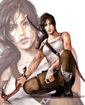  bandages bow_(weapon) brown_hair contest_winner dirty ice_axe lara_croft lips long_hair nareuk pixiv_tomb_raider_contest realistic solo squatting tank_top tomb_raider tomb_raider_(reboot) weapon zoom_layer 