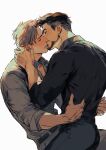  2boys avengers_(series) belt black_belt black_hair black_pants black_shirt blonde_hair blush closed_eyes collared_shirt english_commentary facial_hair from_behind grey_pants grey_shirt highres imminent_kiss long_sleeves male_focus malkogromit marvel multiple_boys open_mouth pants shirt short_hair simple_background sitting steve_rogers tony_stark white_background yaoi 