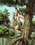  barefoot braid dark_skin elf forest grass_skirt green_eyes hair_ornament in_tree long_hair looking_away nature navel one_knee original pointy_ears skirt solo toga tree vida_laszlo white_hair 