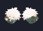  1boy ahoge black_pants brown_hair character_doll chibi chibi_only danganronpa_(series) danganronpa_2:_goodbye_despair doll facing_viewer green_jacket hinata_hajime holding holding_doll jacket komaeda_nagito male_focus open_clothes open_jacket pants rizu_(rizunm) shirt white_shirt 