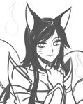 ahri animal_ears fox_ears greyscale hooreng league_of_legends long_hair monochrome simple_background smile solo white_background 