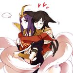  2girls ahri animal_ears blush closed_eyes emilia_leblanc fox_ears fox_tail heart hooreng hug hug_from_behind korean_clothes league_of_legends multiple_girls multiple_tails purple_hair simple_background smile tail white_background yuri 