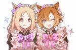  2girls alternate_costume animal_ears apron blonde_hair breasts brown_eyes buttons ear_ribbon flustered gloves hair_between_eyes happy horse_ears horse_girl light_blush long_sleeves looking_at_viewer maid maid_apron medium_breasts multiple_girls narita_top_road_(umamusume) one_eye_closed operajoshi orange_hair pink_ribbon puffy_sleeves purple_eyes ribbon short_hair short_sleeves simple_background star_(symbol) star_ornament t.m._opera_o_(umamusume) teeth umamusume umamusume:_road_to_the_top upper_body upper_teeth_only v v-shaped_eyebrows white_background white_gloves 