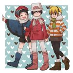  2girls black_hair black_legwear blonde_hair boots brown_eyes cloak closed_eyes diamond_(pokemon) earmuffs genderswap genderswap_(ftm) genderswap_(mtf) hand_in_pocket hat multiple_girls pantyhose pearl_(pokemon) platinum_berlitz pokemon pokemon_special scarf skirt thighhighs umeko_(0516) white_legwear 