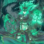  boots breasts cleavage exaxuxer genderswap genderswap_(mtf) glowing green green_eyes green_hair helmet highres lantern league_of_legends medium_breasts midriff scar scythe skull solo thigh_boots thighhighs thresh 