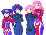  armor bandana blue_eyes blue_hair blush clone dual_persona eyebrows gloves green_eyes klan_klein macross macross_frontier meltrandi multiple_girls nene_rora pilot pilot_suit pink_hair pointy_ears s.m.s. scar science_fiction spacesuit zentradi 