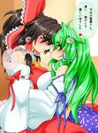  ahoge ascot blush bow breast_press breasts brown_hair check_translation couple detached_sleeves frog_hair_ornament green_eyes green_hair hair_ornament hair_tubes hakurei_reimu hug kochiya_sanae kokujuuji large_breasts multiple_girls red_eyes sarashi symmetrical_docking touhou translated translation_request yuri 