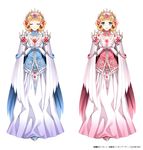  blonde_hair blue_eyes breasts cape cleavage closed_eyes crown dress garnet_(million_arthur) gloves glowing hair_ornament jewelry medium_breasts million_arthur_(series) nardack open_mouth short_hair simple_background smile white_background white_gloves 