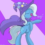  blue_fur cape cutie_mark english_text equine eyes_closed female feral friendship_is_magic fur hat horse mammal my_little_pony open_mouth plushtail pony simple_background solo standing text trixie_(mlp) wizard_hat 