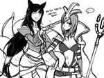  ahri animal_ears breasts cleavage emilia_leblanc fox_ears fox_tail greyscale hooreng korean korean_clothes league_of_legends long_hair medium_breasts midriff monochrome multiple_girls multiple_tails navel open_mouth simple_background tail translated very_long_hair white_background 