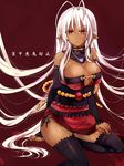  aki_(prdx85) antenna_hair bad_id bad_pixiv_id black_legwear breasts dark_elf dark_skin elf large_breasts long_hair pointy_ears red_background red_eyes sansei_muramasa silver_hair sitting solo soukou_akki_muramasa thighhighs very_long_hair 