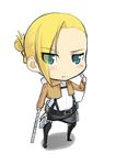  annie_leonhardt blonde_hair blue_eyes boots dual_wielding holding jacket paradis_military_uniform reeto_(panama) shingeki_no_kyojin short_hair solo sword uniform weapon 