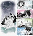  2boys 2girls absurdres alien_stage bridal_veil clematis_(flower) commentary cracked_skin crescent_moon dress edelweiss_(flower) english_commentary flower german_text hair_over_face hawk_till heart highres ivan_(alien_stage) long_hair meteor_shower mini_wings mizi_(alien_stage) moon multiple_boys multiple_girls short_hair song_name sua_(alien_stage) till_(alien_stage) veil very_long_hair very_short_hair wedding_dress wings 