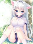  1girl :o animal_ear_fluff animal_ears blue_buruma blush breasts buruma cat_ears cat_girl cat_tail commentary_request commission feet_out_of_frame grey_hair gym_uniform hair_between_eyes hair_intakes hair_ornament hand_on_own_chest highres impossible_clothes impossible_shirt knees_up large_breasts long_hair nekoboshi_yuki open_mouth original shirt short_sleeves sitting skeb_commission socks solo tail white_shirt white_socks x_hair_ornament 