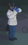 2024 absurd_res aliasing annoyed anthro black_body black_clothing black_footwear black_fur black_shoes blue_bottomwear blue_clothing blue_gloves blue_handwear blue_pants blue_shirt blue_topwear bottomwear bullet_hole canid canine canis car cheek_tuft clothing coat detailed_background digital_drawing_(artwork) digital_media_(artwork) dipstick_tail doctor facial_tuft flintchips fluffy fluffy_tail footwear fur gloves glowing glowing_eyes grey_body grey_fur gun handgun handwear head_tuft hi_res hill hybrid inner_ear_fluff janusz lab_coat loading_gun male mammal markings medical_gloves night outside pants pistol pixel_(artwork) pockets ranged_weapon reloading shaded shadow shirt sleeves solo solo_focus standing tail tail_down tail_markings tail_tuft topwear trigger_discipline tuft vehicle walther_ppq weapon white_clothing white_topwear wolf wolfdog
