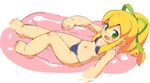  :d bangs barefoot bikini blonde_hair blue_bikini blush feet flat_chest from_above full_body green_eyes hair_ribbon high_ponytail inflatable_raft long_hair looking_at_viewer lying navel om_(nk2007) on_back open_mouth ponytail ribbon rockman rockman_(classic) roll sidelocks smile solo swimsuit water 