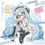  1girl animal_ear_headphones animal_ears artist_name black_shoes black_shorts black_socks blue_eyes blue_hair blunt_bangs blush cat_ear_headphones cat_ears closed_mouth cross-shaped_pupils fake_animal_ears full_body headphones highres holding inkling inkling_girl inkling_player_character long_hair mochizuki_inochi object_request shirt shoes short_sleeves shorts sitting socks solo splatoon_(series) symbol-shaped_pupils tentacle_hair thick_eyebrows watermark white_shirt 