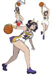  1girl ball bare_shoulders basketball basketball_(object) basketball_jersey basketball_uniform bat_tattoo black_hair blue_eyes breasts cleavage dekura demon demon_girl demon_horns digimoji digimon digimon_(creature) dribbling_(basketball) eyeshadow facial_mark fallen_angel forehead_mark forehead_tattoo highres holding holding_ball horns large_breasts lilithmon looking_at_viewer makeup playing_sports pointy_ears purple_eyeshadow purple_lips shoes short_hair shorts sneakers solo sportswear tattoo 