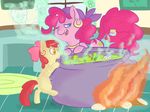  amber_eyes apple_bloom_(mlp) clothed clothing cub duo ear_piercing equine female feral fire friendship_is_magic fur gypsy hair horse inside mammal minitea mt my_little_pony piercing pink_fur pink_hair pinkie_pie_(mlp) pony signature yellow_fur young 
