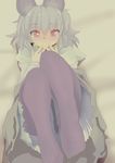  animal_ears black_legwear blush grey_hair ishikkoro long_sleeves lying mouse_ears nazrin no_shoes on_back pantyhose red_eyes short_hair skirt solo touhou 