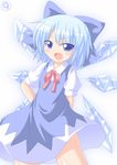  1girl arms_behind_back blue_dress blue_eyes blue_hair bow cirno dress hair_bow kagerou_(kers) open_mouth short_hair smile solo touhou wings 