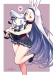  1girl absurdres animal_ears azur_lane bikini bikini_over_clothes black_shoes black_skirt blush brown_eyes character_doll doll heart highres hugging_object leg_lift leg_up long_hair miniskirt pleated_skirt rabbit_ears rabbit_girl rabbit_tail red_bikini shimakaze_(azur_lane) shirt shoes skirt smile solo spoken_heart standing standing_on_one_leg swimsuit tail thighs umyonge_(lkakeu) very_long_hair white_hair white_shirt 