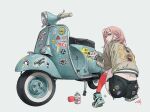  1girl ass black_shorts bomber_jacket cutoffs fcpfung grey_jacket highres holding holding_spray_can jacket looking_at_viewer looking_back motor_vehicle original pink_hair red_nails scooter shorts simple_background solo spray_can squatting sticker too_many_stickers vespa white_background 