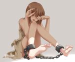  barefoot bdsm blush bondage bound brown_hair bruise chain closed_eyes cosplay crying cuffs dress feet hagiwara_yukiho highres hobble idolmaster idolmaster_(classic) injury magi_the_labyrinth_of_magic morgiana morgiana_(cosplay) shackles short_hair slave solo tears torn_clothes wiping_tears yuyu_(yuyurhythm) 