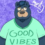  2018 absurd_res anthro baron_montesque_(artist) blue_fur clothed clothing digital_media_(artwork) fur hair hi_res male mammal overweight overweight_male portrait shirt signature simple_background smile solo spectacled_bear t-shirt text ursine 