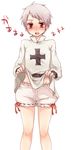  axis_powers_hetalia bad_id bad_pixiv_id bloomers blush iron_cross looking_at_viewer male_focus no_pants open_mouth prussia_(hetalia) red_eyes shirt_lift simple_background solo tobi_(one) underwear white_background 