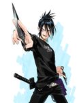  belt black_hair casual facial_mark folded_ponytail indesign katana kunai male_focus md5_mismatch ninja one-punch_man onsoku_no_sonic purple_eyes solo sword weapon 