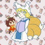  animal_ears blonde_hair brown_eyes brown_hair cat_ears chen dress earrings fang fangs fox_tail hat jewelry leex multiple_girls multiple_tails open_mouth ribbon sharp_teeth short_hair skirt smile tail teeth touhou twintails yakumo_ran yellow_eyes 