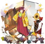  1girl autumn_leaves brown_eyes brown_hair calico_(pattern) calico_cat cat closed_mouth falling_leaves floral_print flower flower_request game_cg green_kimono hair_flower hair_ornament hakama hakama_skirt hieda_no_akyuu highres japanese_clothes kimono leaf long_sleeves looking_at_viewer official_art one_eye_closed paw_print phonograph print_kimono red_hakama rotte_(1109) scroll skirt smile solo stretching tatami third-party_source touhou touhou_lostword transparent_background wide_sleeves yellow_kimono 