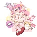  .52_gal_(splatoon) 1girl :d animal_ear_headphones animal_ears blunt_bangs blush_stickers cat_ear_headphones cat_ears fake_animal_ears fangs full_body gun headphones highres holding holding_gun holding_weapon inkling inkling_girl inkling_player_character jacket long_sleeves looking_at_viewer mochizuki_inochi open_clothes open_jacket open_mouth pink_hair pleated_skirt purple_eyes red_shoes shirt shoes short_hair skirt smile socks solo splatoon_(series) tentacle_hair weapon white_jacket white_shirt white_socks yellow_skirt 