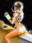  2013 ass bad_id bad_pixiv_id bodysuit brown_hair engineer helmet holding_head katase_shima orange_bodysuit orange_shirt original purple_eyes science_fiction screen shirt signature space space_craft spacesuit star_(sky) tablet_pc uchuu_no_stellvia uzushio_(uzusio) 