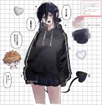  1boy 1girl alternate_costume black_hair black_hoodie blonde_hair chainsaw_man chibi chibi_inset commentary_request demon_tail green_eyes grid_background hair_between_eyes hair_bun heart highres hood hoodie long_hair_between_eyes looking_at_viewer open_mouth pleated_skirt reze_(chainsaw_man) short_hair skirt speech_bubble standing tail tisso41 translation_request twitter_username very_long_sleeves yellow_eyes 