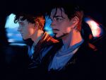  2boys black_hair black_jacket brown_eyes brown_hair car_interior closed_mouth english_commentary facial_hair hair_between_eyes highres jacket lapels long_sleeves looking_afar male_focus malkogromit marvel multiple_boys open_clothes open_jacket peter_parker shirt spider-man:_homecoming spider-man_(series) t-shirt tony_stark twitter_username upper_body white_shirt window 