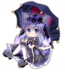  1girl animal_ears black_dress black_hairband black_umbrella blue_eyes blue_fire blue_hair blue_ribbon boots chibi dress emil_chronicle_online fire fireball fox_ears frilled_dress frills grey_boots hair_ribbon hairband highres holding holding_umbrella lace_hairband long_hair long_sidelocks neck_ribbon purple_ribbon ribbon shugoma_minazuki sidelocks solo thighhighs umbrella white_background white_thighhighs yukiomi_kizuki 