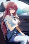  1girl a-chan_(little_busters!) absurdres alternate_costume arm_under_breasts between_breasts blue_eyes blurry blush breasts brown_hair car_interior casual closed_mouth commentary_request day denim depth_of_field eyelashes eyes_visible_through_hair feet_out_of_frame floral_print floral_print_shirt hair_between_eyes happy highres jeans large_breasts lips little_busters! long_hair looking_at_viewer miiizuno_lbs neck_ribbon pants print_shirt ribbon seatbelt seatbelt_between_breasts shirt short_sleeves sidelocks sitting smile solo split_mouth strap_between_breasts very_long_hair wavy_hair white_ribbon white_shirt 