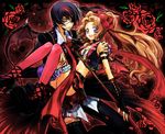  1girl bare_shoulders black_hair brown_hair c_(rahit) carrying code_geass elbow_gloves eyepatch fingerless_gloves flower gloves hair_flower hair_ornament high_heels lelouch_lamperouge long_hair multicolored_hair nunnally_lamperouge princess_carry purple_eyes red_hair rose shoes thighhighs two-tone_hair vest wings 