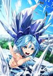  :d ahoge bad_id bad_pixiv_id blue_eyes blue_hair cirno face fairy fingers flying frozen_lake hands ice ice_wings icicle kyon_(fuuran) open_mouth pointing short_hair smile solo sparkle teeth touhou upside-down wings 