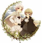  axis_powers_hetalia blue_eyes cape cloud copyright_name holy_roman_empire_(hetalia) iron_cross male_focus multiple_boys prussia_(hetalia) red_eyes simple_background tobi_(one) white_background 